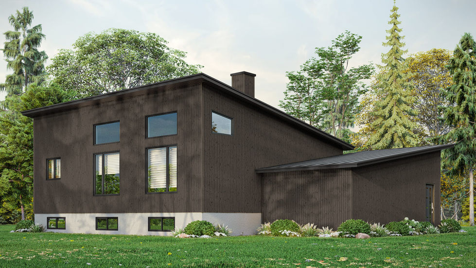 Vue arrière d'une maison contemporaine en bois avec sous-sol aménagé.