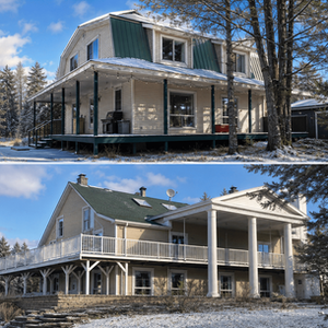 Vue extérieure de deux maisons neuves réalisées à partir d'un plan de construction résidentiel en campagne canadienne.