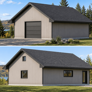 Garage indépendant style champêtre avec revêtement vertical et toiture à deux versants
