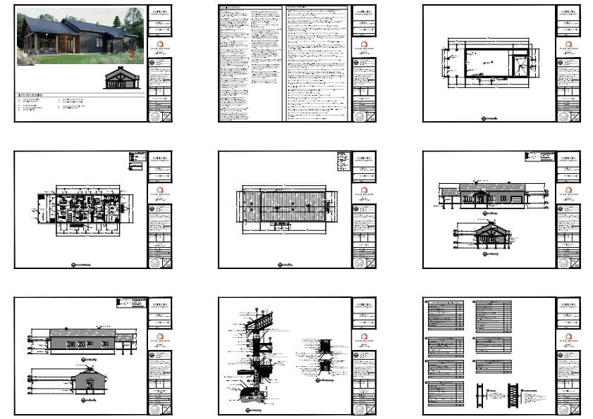 Ensemble des plans techniques d’une maison de plain-pied noire avec garage intégré.
