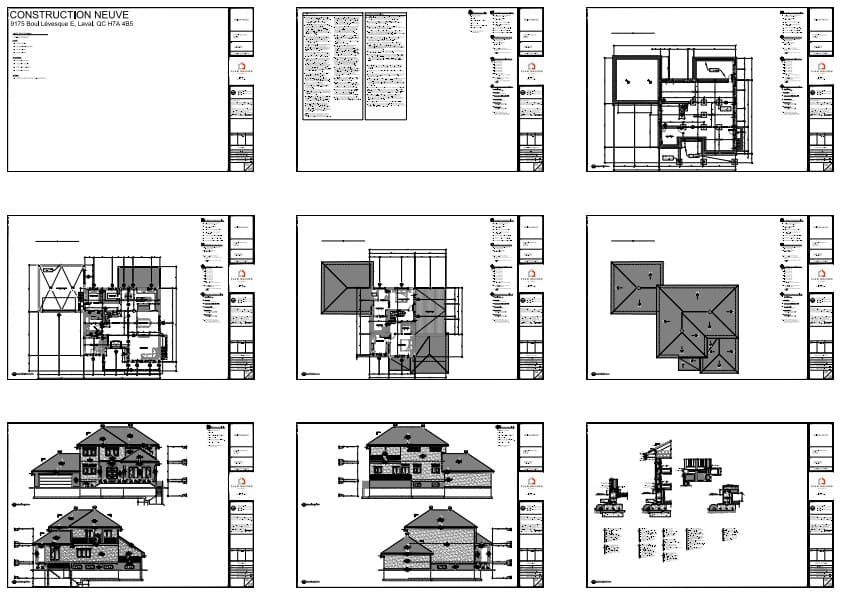Plans architecturaux complets d’une grande résidence contemporaine avec balcon couvert.