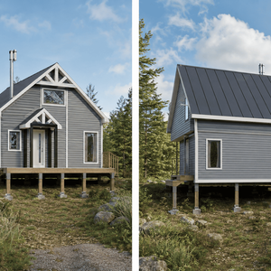Plan de chalet 1 chambre avec mezzanine construit sur pieux avec terrasse avant et toiture à deux versants.