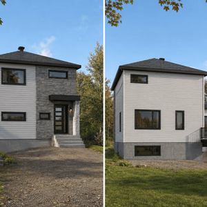 Construction de maison contemporaine à deux étages avec façade moderne et revêtement de maçonnerie.
