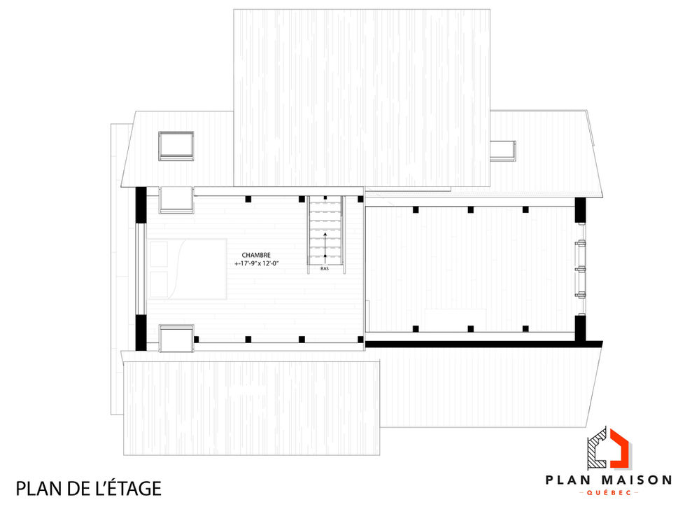 Plan de l'étage d'un chalet en A avec mezzanine, bureau et chambre.
