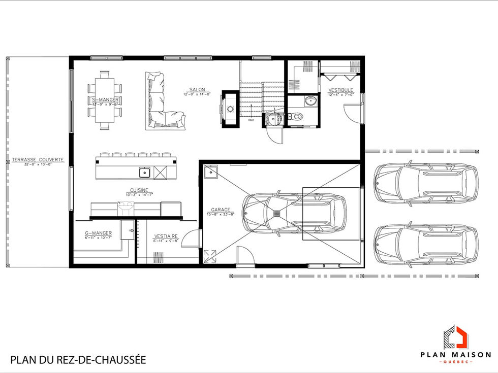 plan rez-de-chaussée maison avec garage et aire ouverte