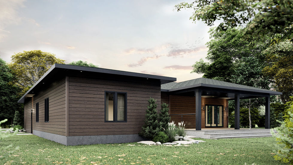 Perspective arrière d’un plan de bungalow contemporain avec garage double intégré