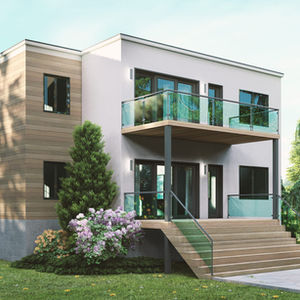Façade d'une maison multigénérationnelle contemporaine avec fenêtres arquées et revêtement mixte