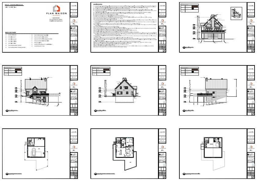 Plans techniques complets d’un chalet contemporain sur terrain en pente