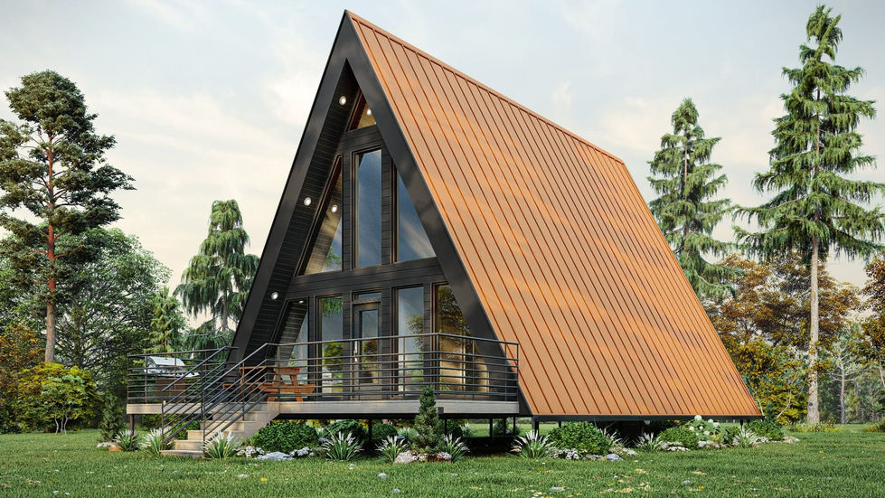 Vue arrière d'un chalet en A avec mezzanine et architecture contemporaine.
