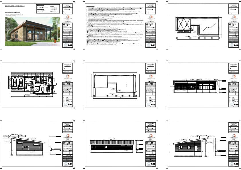 Plans techniques complets d'une maison contemporaine avec garage double et toiture monopente.