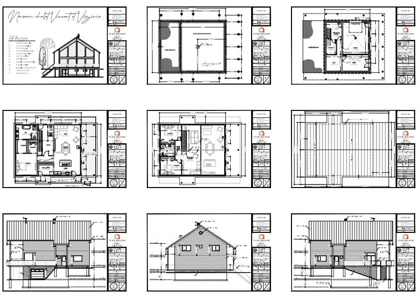 Plans architecturaux d'un chalet contemporain avec mezzanine et garage intégré.