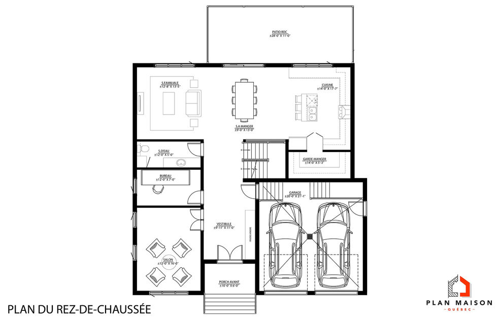 plan rez-de-chaussée maison contemporaine garage double cuisine aire ouverte