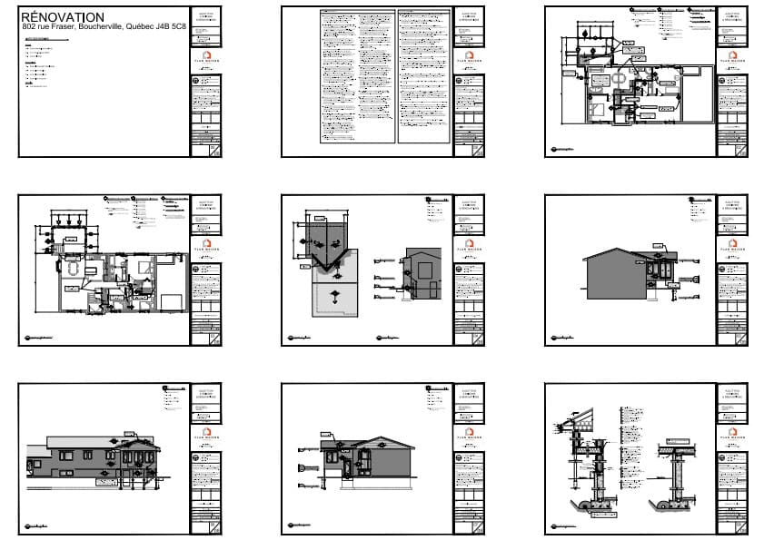 Plans de construction d'un ajout de salle 4 saisons avec rénovation résidentielle sur maison existante.