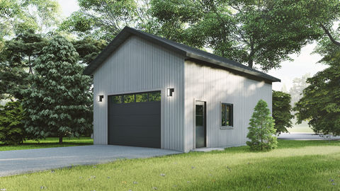 garage moderne en bois avec mezzanine et toit double pente vue avant