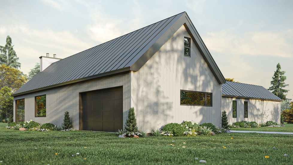 Façade avant d'une maison farmhouse en L avec garage intégré et revêtement vertical.