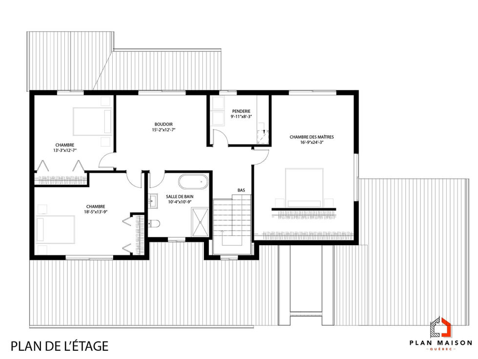 Plan étage maison moderne avec chambre des maîtres boudoir et salle de bain