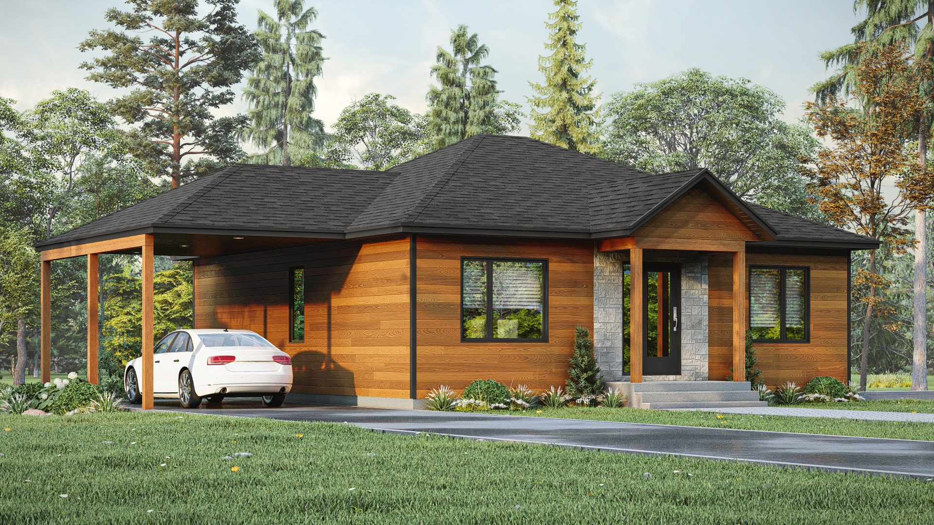 Plan de maison contemporaine avec sous-sol complet - Extérieur avant