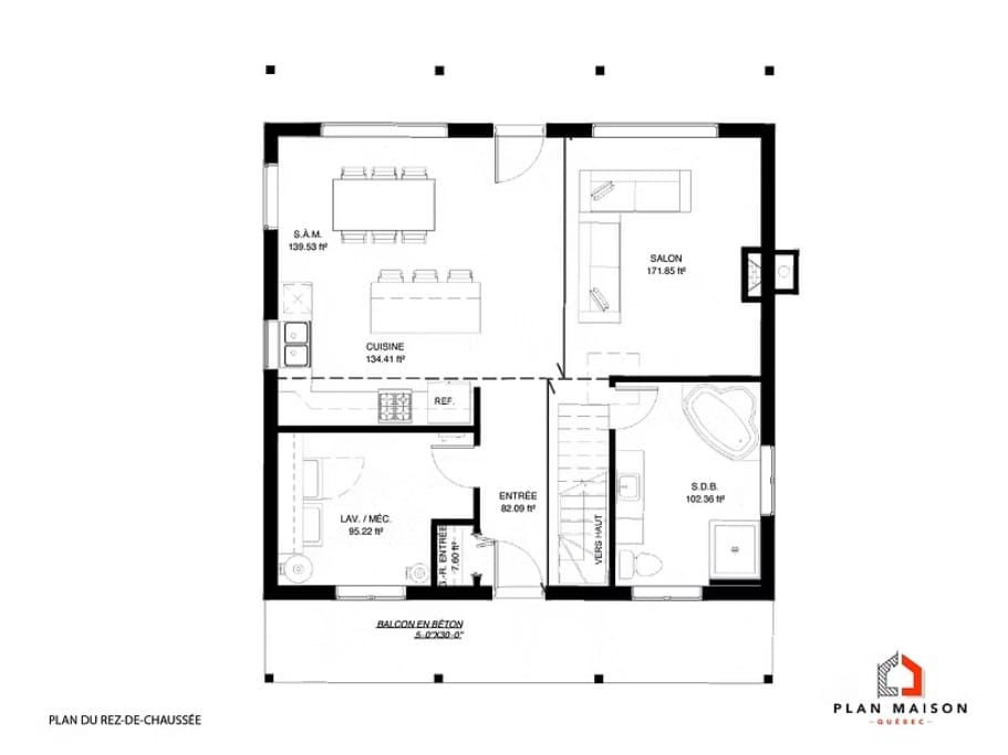 Plan du rez-de-chaussée d’un chalet rustique avec aire ouverte