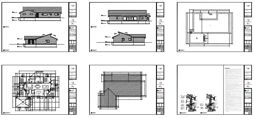 Plans techniques complets d'une maison plain-pied contemporaine avec garage intégré et quatre chambres.