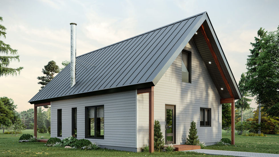 Façade avant d’un chalet avec mezzanine et toiture métallique noire