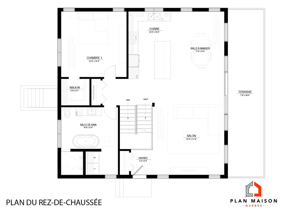 plan de maison scandinave mezzanine aire ouverte rez-de-chaussée