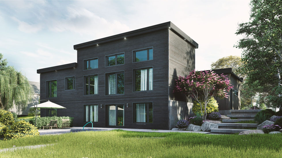 Vue arrière d’un plan de maison moderne de plain-pied avec garage et toiture plate