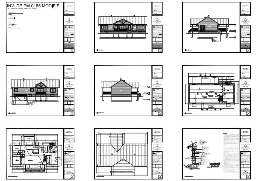 Ensemble des plans architecturaux d'une maison de campagne en bois avec sous-sol.