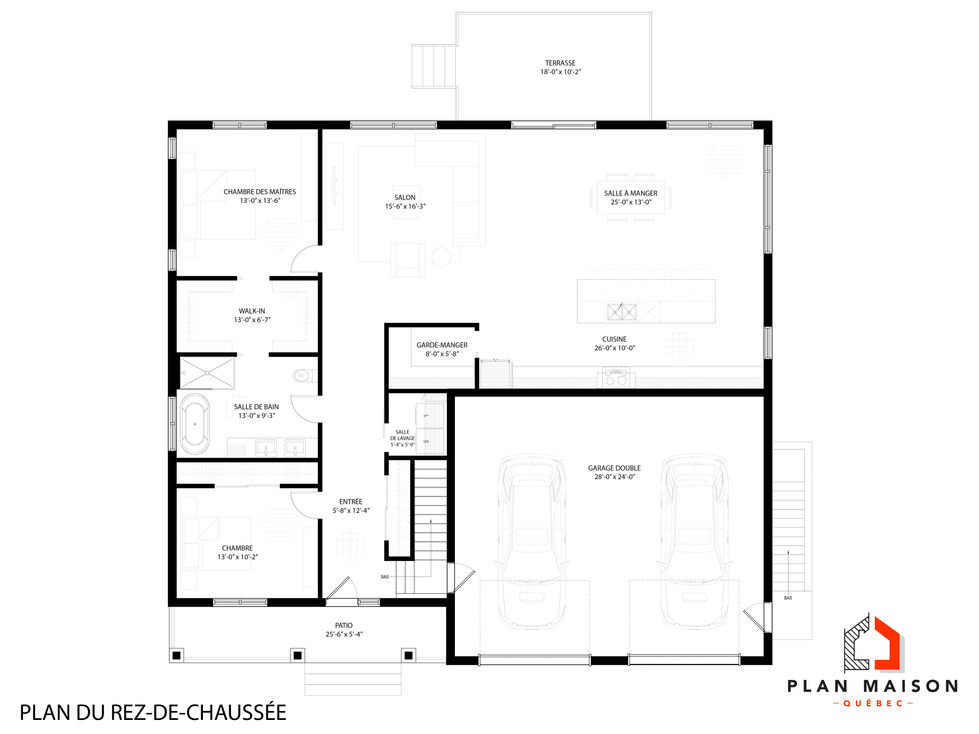 plan maison farmhouse plain-pied avec garage double cuisine ouverte et suite des maitres