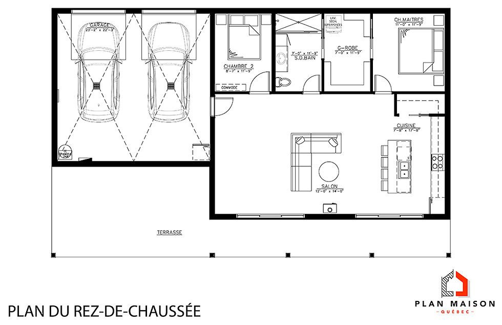 Miniature : Plan de maison de plain-pied avec double garage - Plan du rez-de-chaussée