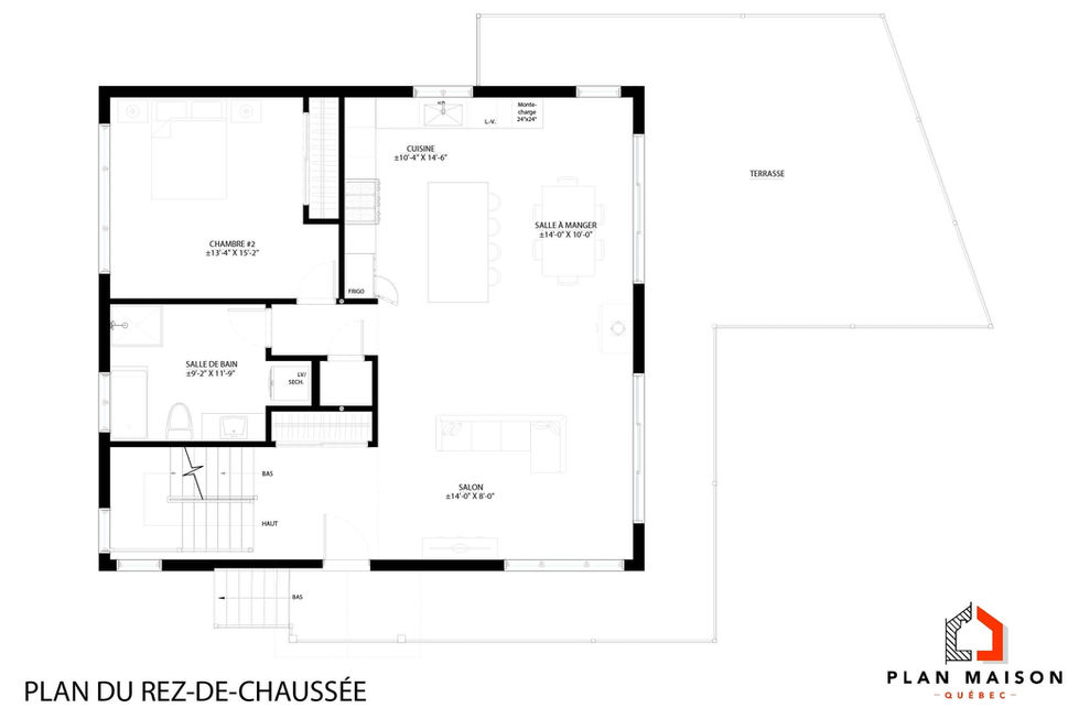 Plan intérieur d’un chalet contemporain avec aire ouverte et grandes fenêtres