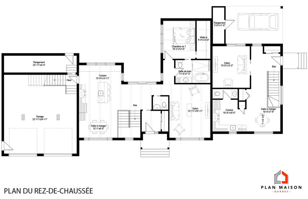 plan rez-de-chaussée maison contemporaine avec garage double intégré