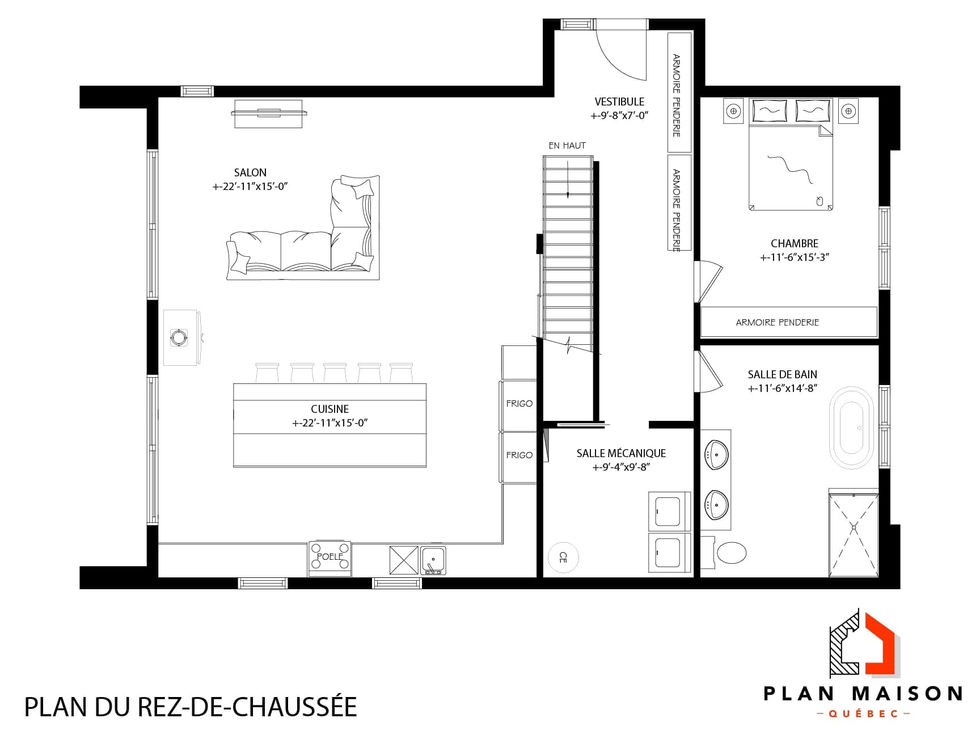 Plan du rez-de-chaussée d’une maison loft scandinave avec mezzanine vitrée