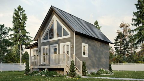 Chalet avec grande fenêtre triangulaire et architecture lumineuse.