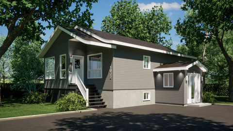 Perspective 3D d'une extension résidentielle avec nouvelle entrée avant et agrandissement latéral de style moderne.