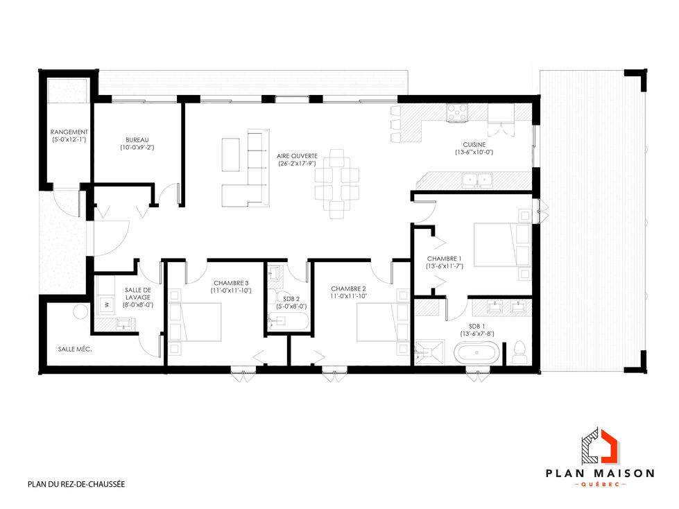 Plan de maison contemporaine avec trois chambres et bureau à domicile