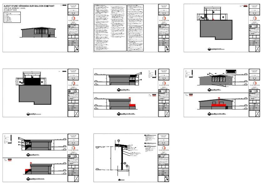 Plans de construction pour un ajout de véranda sur balcon existant.
