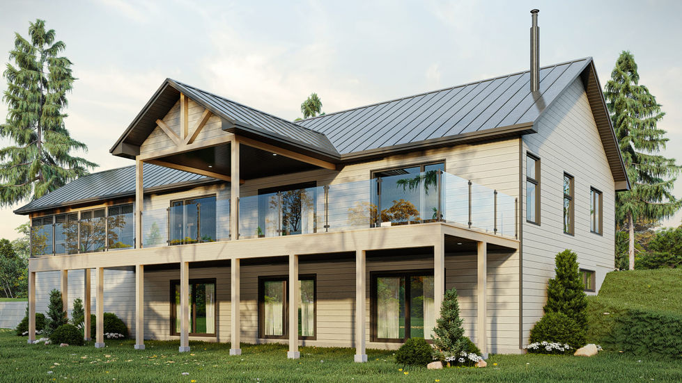 Maison farmhouse avec terrasse couverte sur pilotis et rez-de-jardin