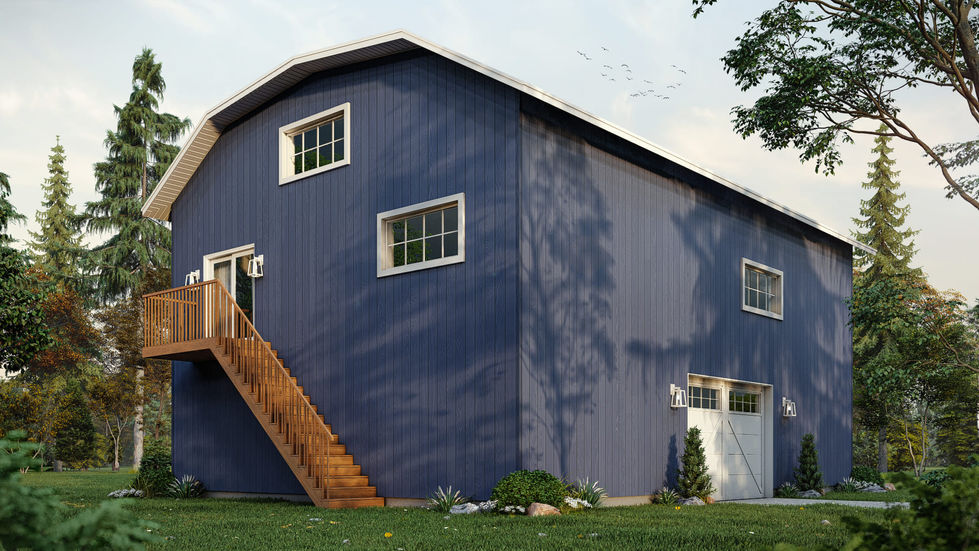 Vue arrière d’un garage avec loft habitable style grange moderne