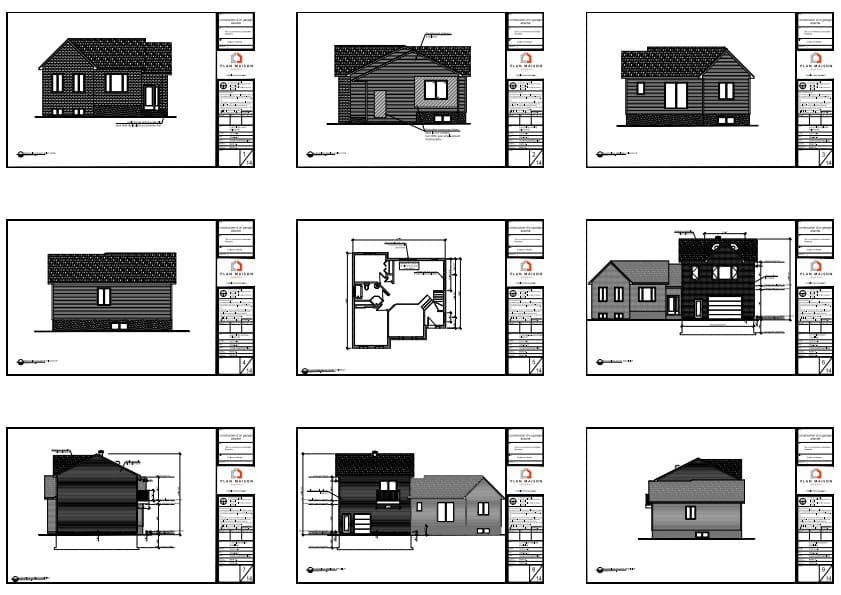 Plans d'une extension résidentielle comprenant un garage intégré et un étage aménagé avec deux chambres.