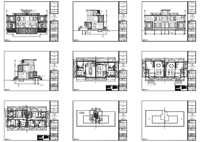 Plans techniques complets d'un jumelé moderne avec terrasse sur le toit