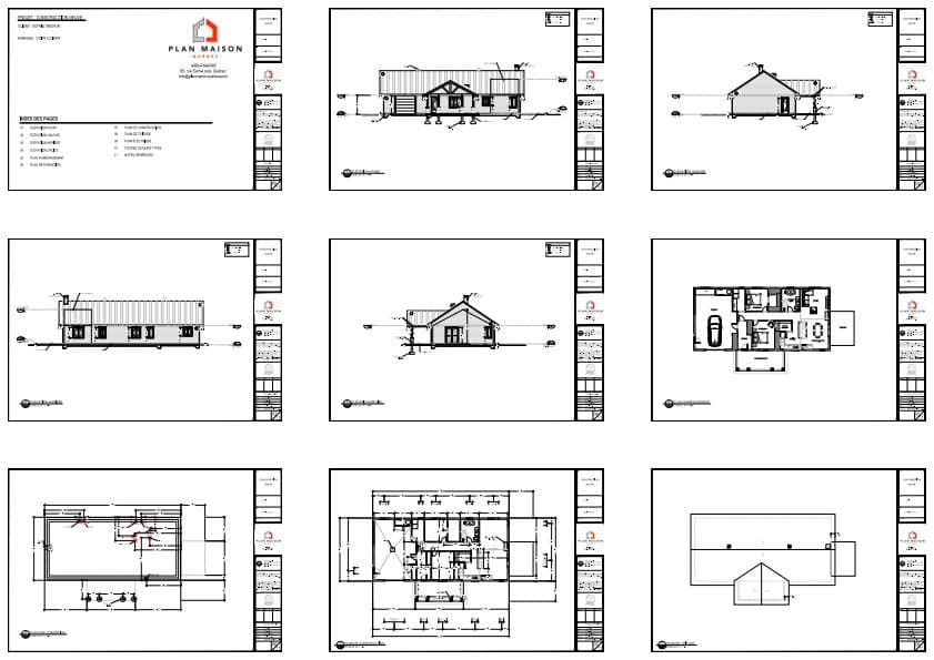 Ensemble des plans techniques d'une résidence champêtre moderne.