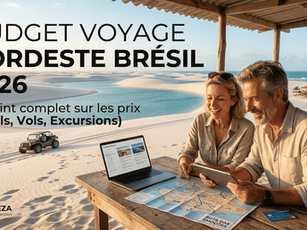 Image d'illustration d'un couple français calculant leur Budget voyage Nordeste Brésil 2026 face aux dunes de Jericoacoara.