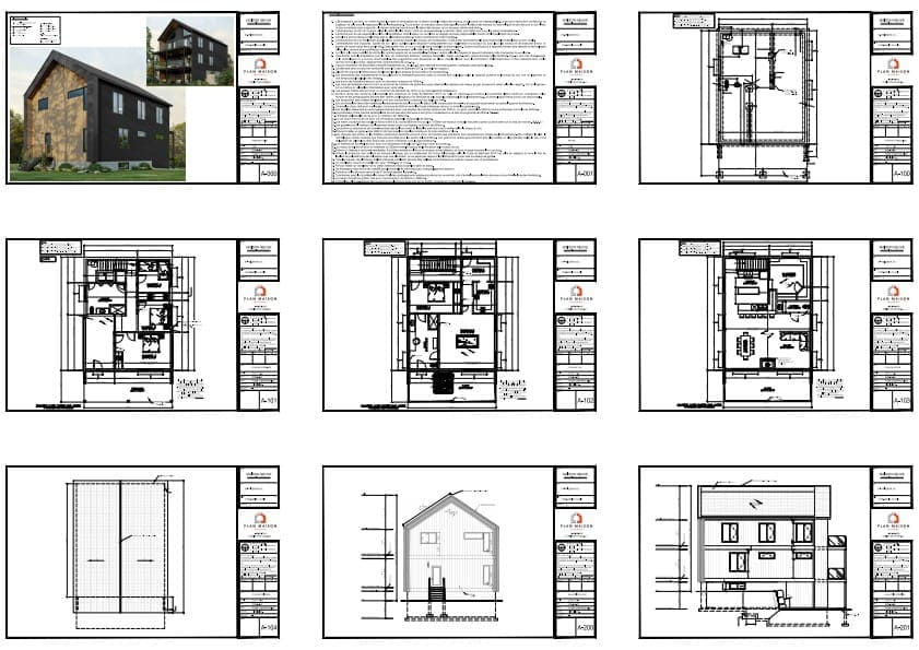 Plans techniques de construction d'un chalet scandinave sur trois niveaux.