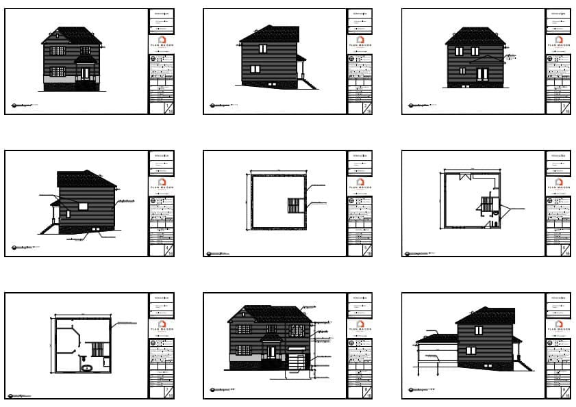 Plans architecturaux d'un agrandissement résidentiel comprenant garage, salle de bain et terrasse couverte.