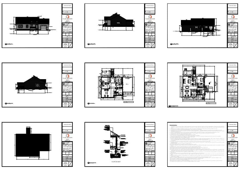 Plans techniques complets avec élévations et coupes de mur pour maison plain-pied avec garage