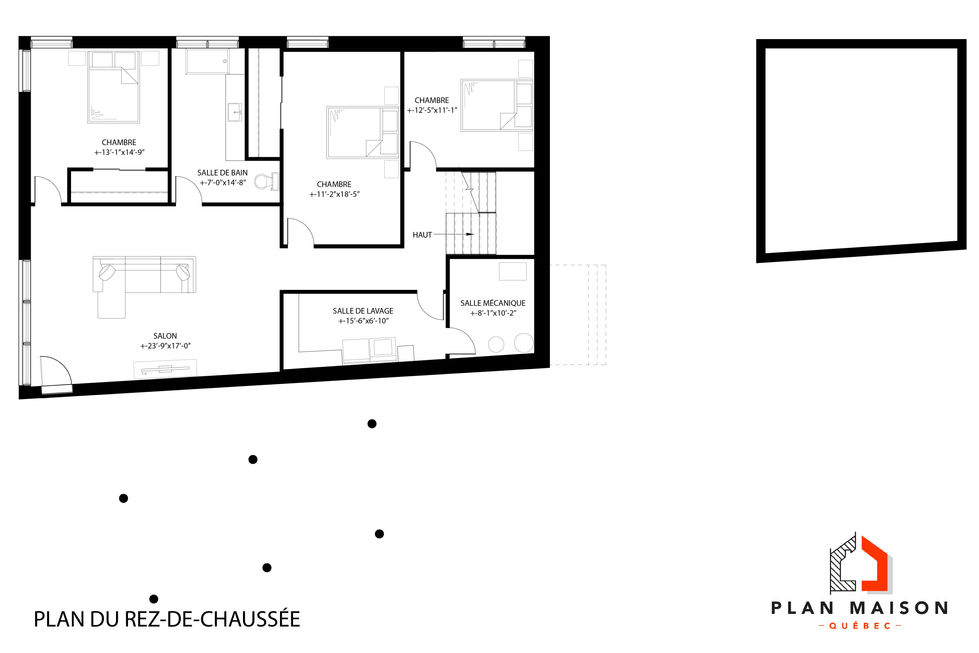Plan architectural du rez-de-chaussée d'une maison contemporaine sur terrain en pente