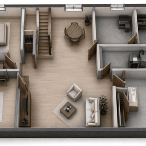 Plan 3D de rénovation de sous-sol avec salle familiale, chambre, bureau, salle de bain et espaces techniques.