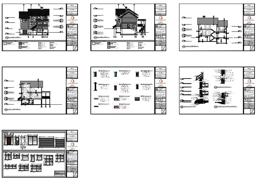 plans techniques maison moderne avec garage détails construction élévations coupes architecturales
