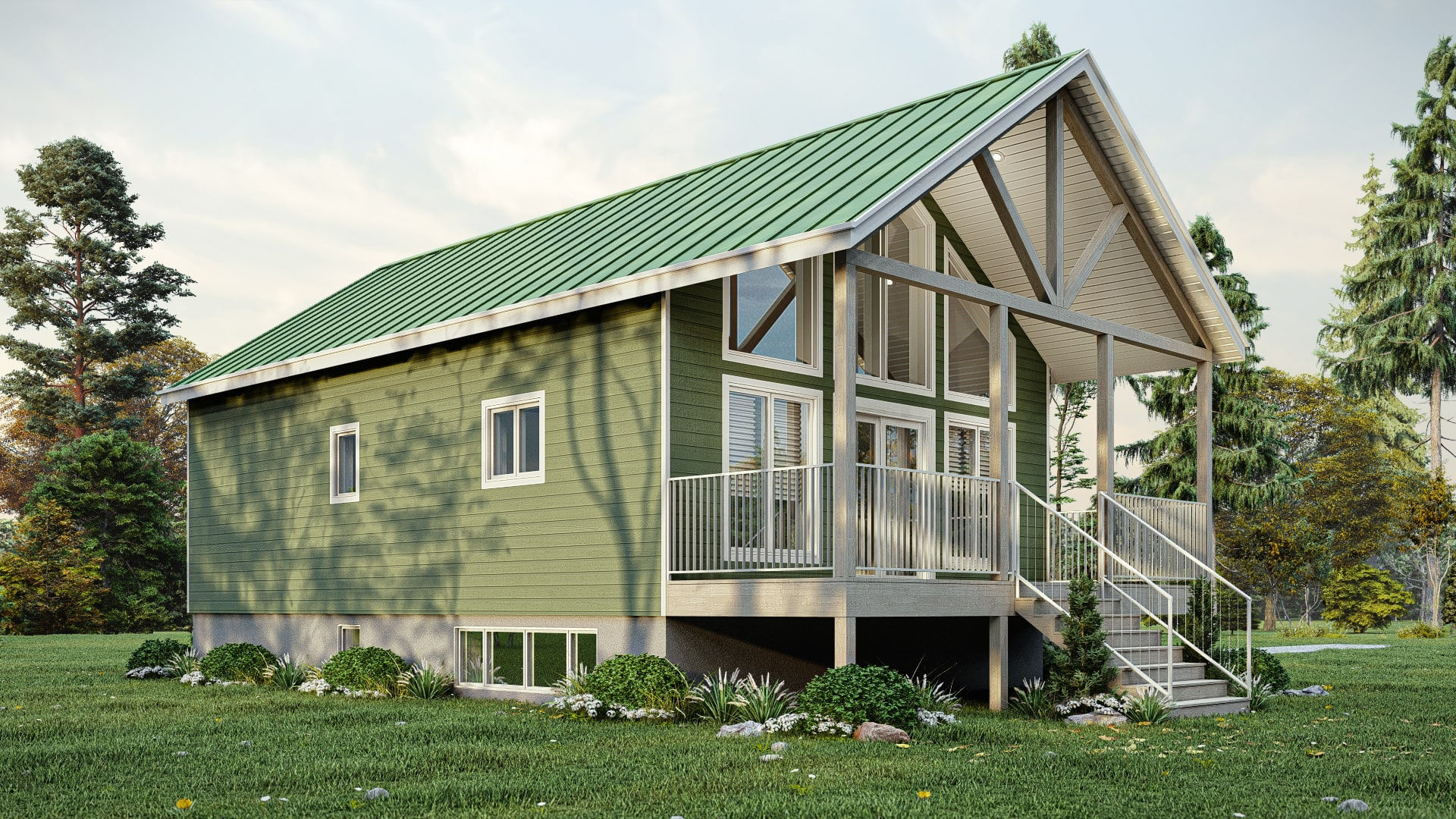 Plan de chalet scandinave avec mezzanine et sous-sol - Extérieur arrière