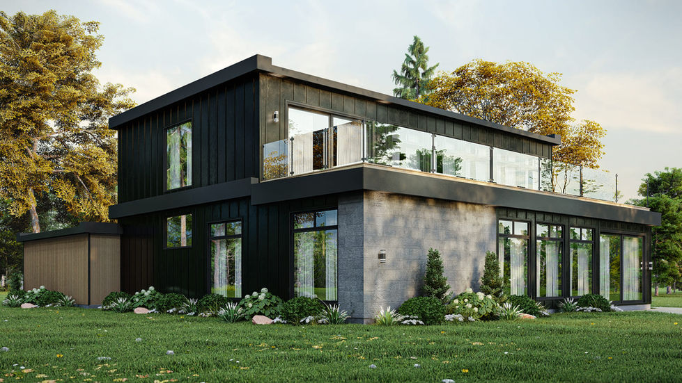 Maison contemporaine cubique avec grande terrasse sur toit et façade vitrée